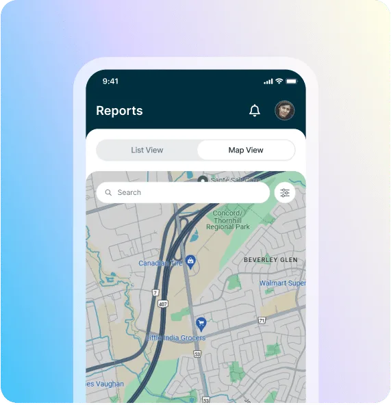 Vue carte de l'application mobile 1st Reporting
