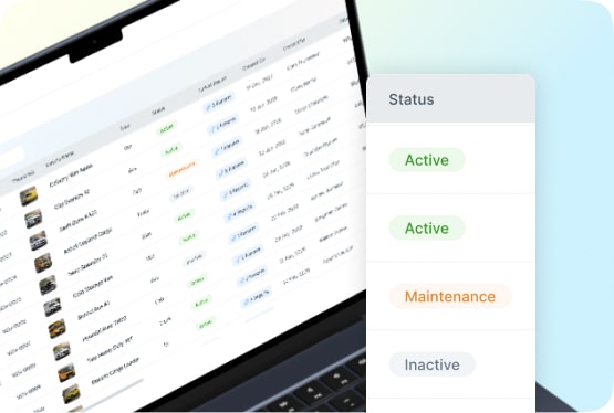 Tabla de estado de activos con etiquetas Activo, Mantenimiento e Inactivo