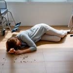 A senior hospital patient falls to the floor, spilling medications.