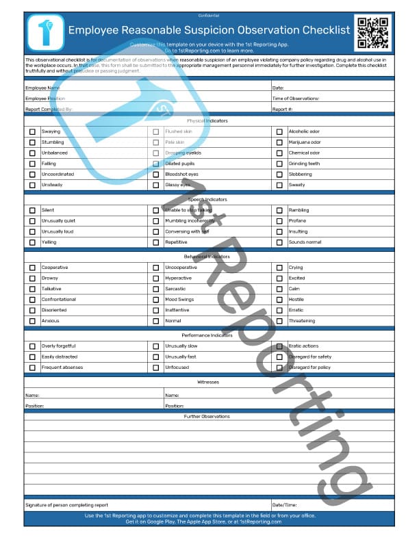 Employee Reasonable Suspicion Observation Checklist 1st Reporting