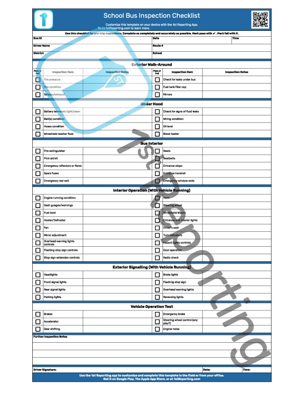 School Bus Inspection Checklist (watermarked) by 1stReporting.com.