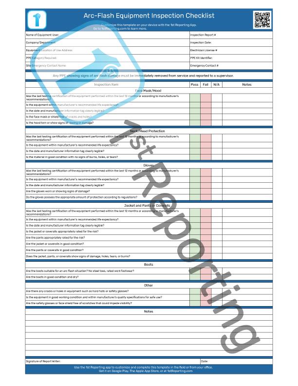 The Arc-Flash Suit Inspection Checklist (watermarked) by 1stReporting.com.