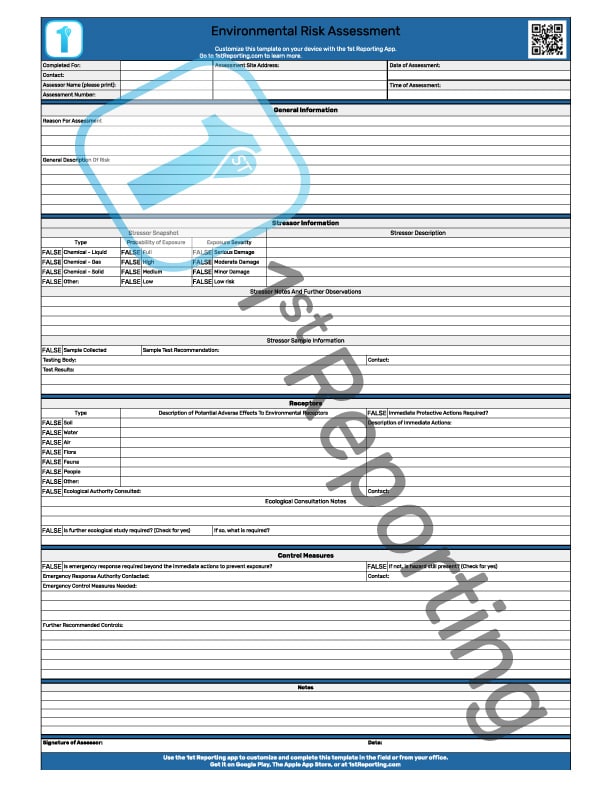 The Environmental Risks Assessment Template (watermarked) by 1stReporting.com.