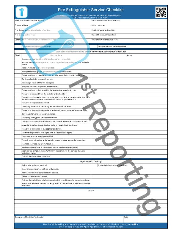 The Fire Extinguisher Service Checklist (watermarked) by 1stReporting.com.