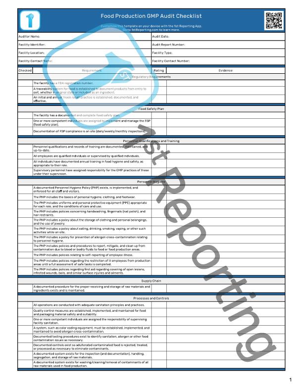 Food GMP Audit Checklist (watermarked, page 1) by 1stReporting.com.