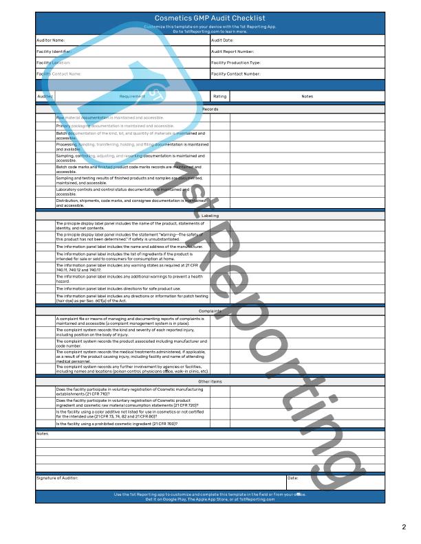 The Cosmetics GMP Audit Checklist, watermarked page 2 by 1stReporting.com.