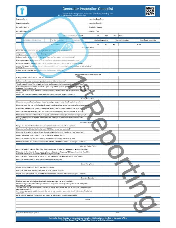 Generator Inspection Checklist (watermarked) by 1stReporting.com.