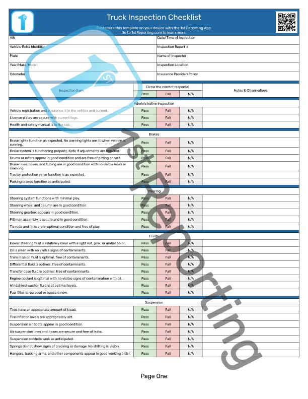 The Truck Inspection Checklist (watermarked) page one by 1stReporting.com.