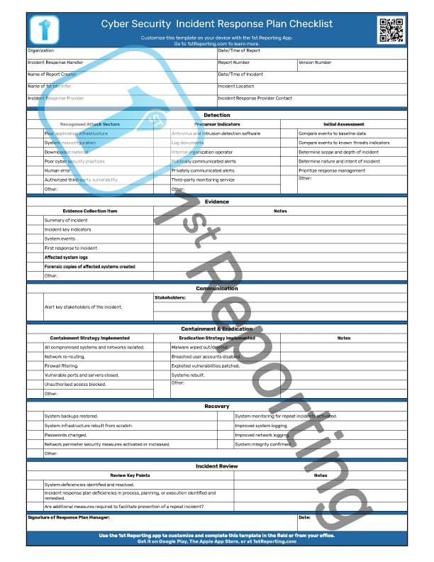 Cyber Security Incident Response Plan Checklist (watermarked) by 1stReporting.com.