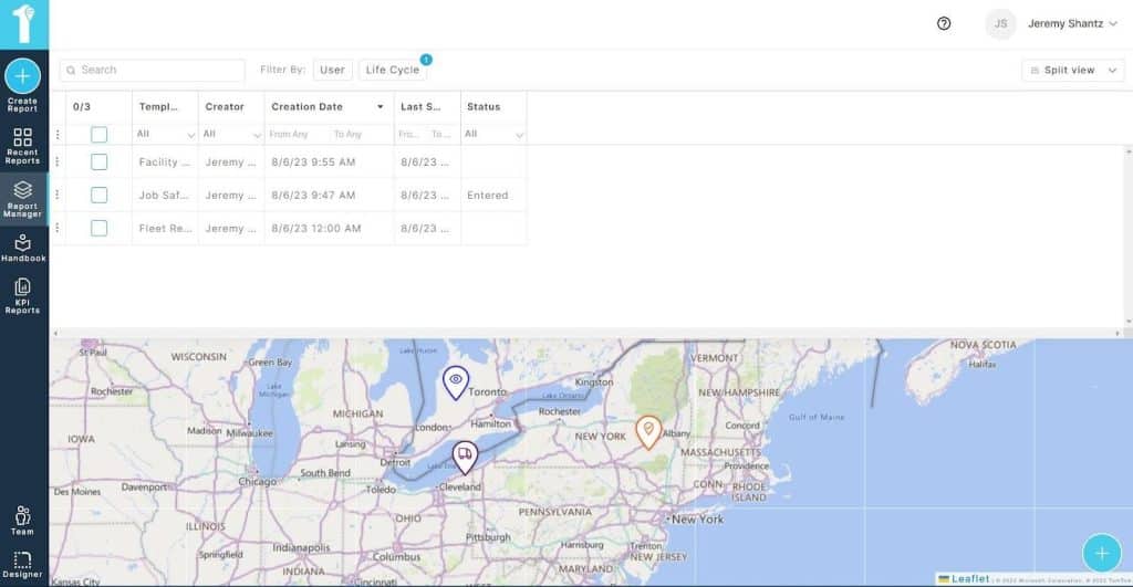 A screenshot of the map dashboard in the 1st Reporting app.