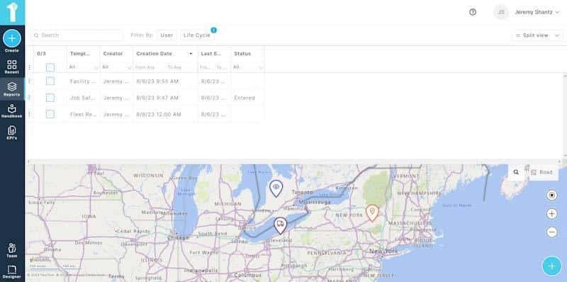A screenshot of the map view dashboard of the report manager within the 1st Reporting application.
