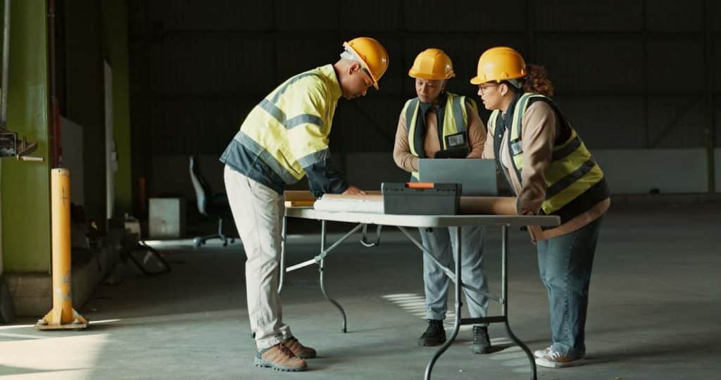 Three safety officers discuss their upcoming tailboard meeting topics on the job site. Learn about tailboard meeting templates using digital reporting tools at 1stReporting.com.