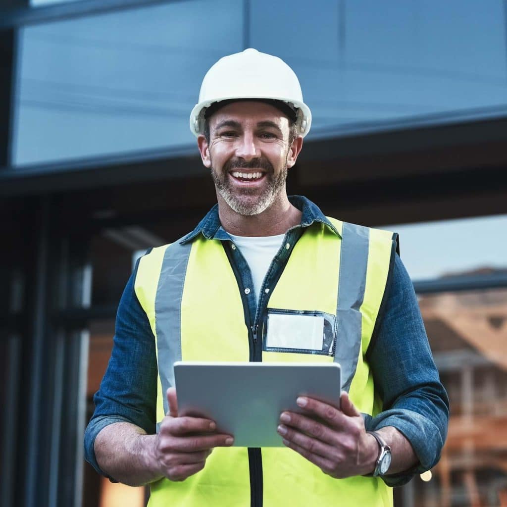 A construction foreman holds a tablet with a digital tailboard meeting program loaded. The foreman is happy about using a mobile template. Learn more about tailboard meeting form use at 1stReporting.com.