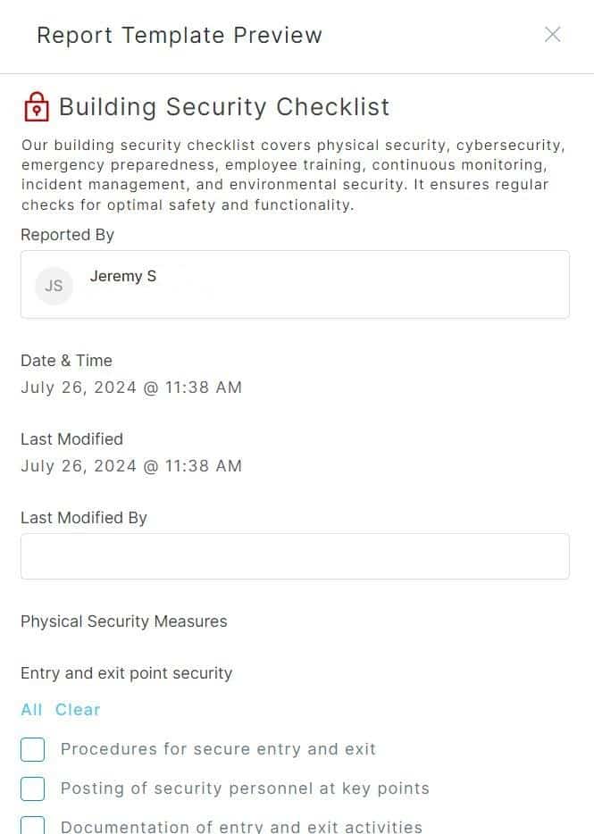 A screenshot of the digital building security checklist that you can use in the 1st Reporting app. Learn more at 1stReporting.com.