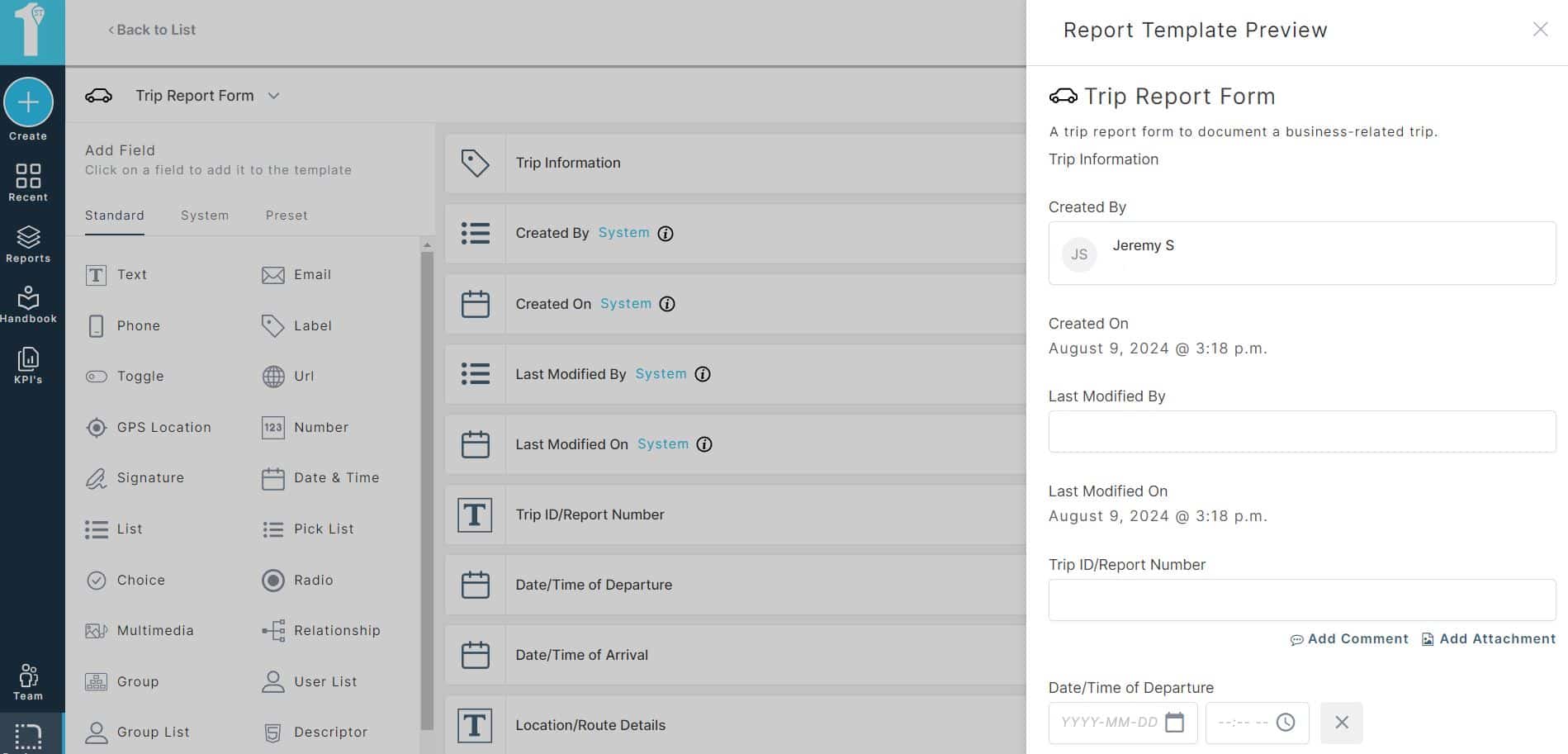 A screenshot of the 1st Reporting app's Trip Report Form. Learn more at 1stReporting.com.