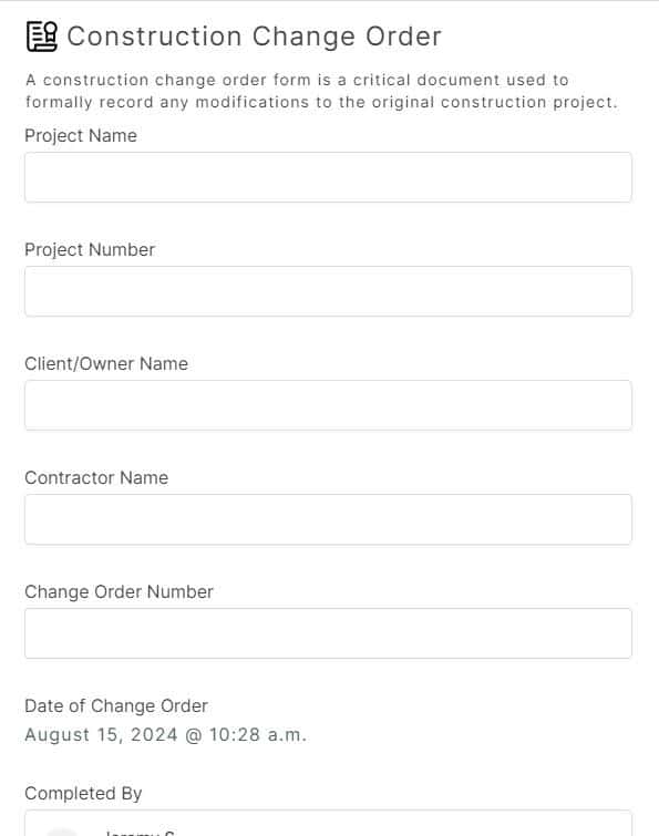 A screenshot showing the construction change order form inside the 1st Reporting app. Learn more about mobile change order form management at 1stReporting.com.