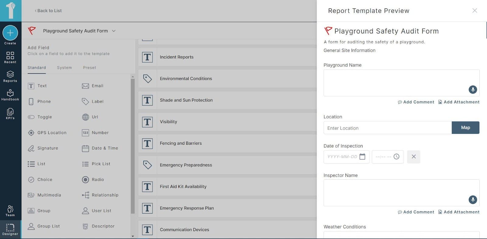 A screenshot of the playground safety audit form in the 1st Reporting form customizer. Learn more at 1stReporting.com.