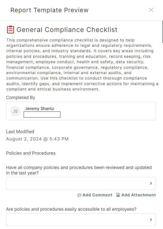 A compliance audit checklist screenshot. Learn more about compliance audits at 1stReporting.com.