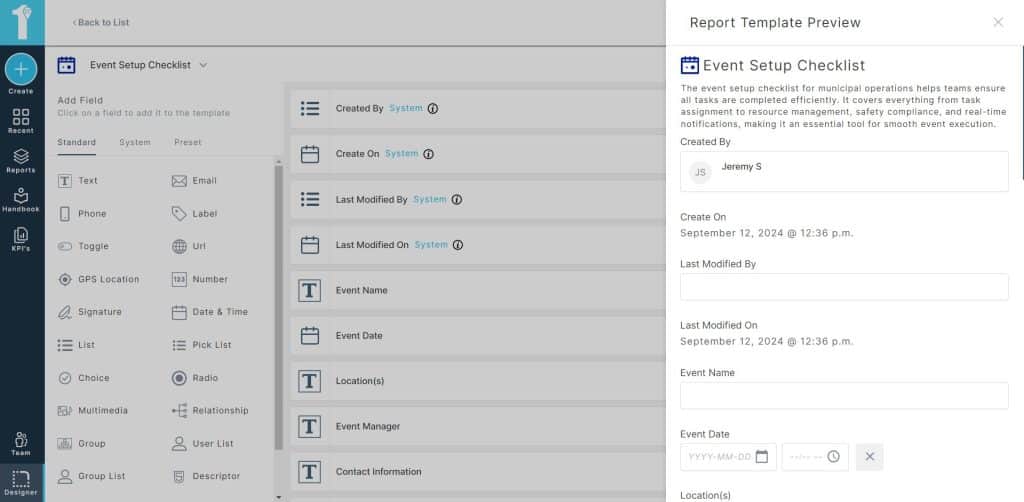 A screenshot of the 1st Reporting app showing the event setup checklist form customization screen. Learn more about mobile event management at 1stReporting.com.