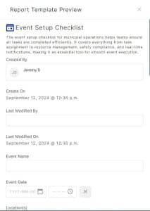 A screenshot of the event setup checklist. Learn more at 1stReporting.com.