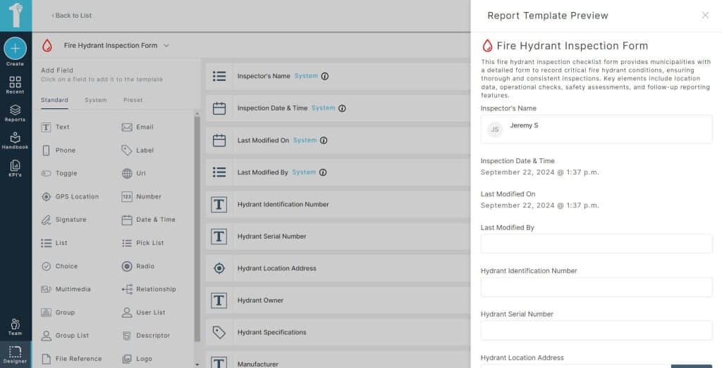 A screenshot of the fire hydrant inspection form in the 1st Reporting app form builder.