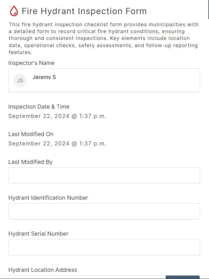 A screenshot of the fire hydrant inspection form in the 1st Reporting app. Learn more at 1stReporting.com.