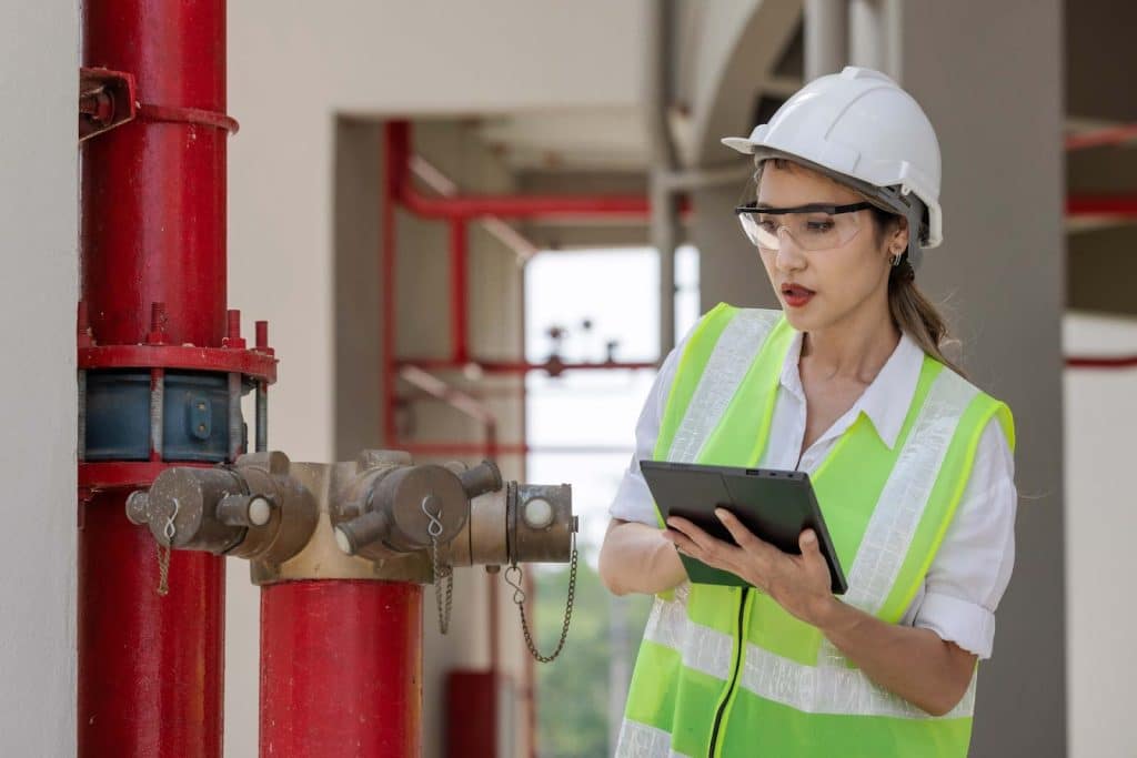 An engineer inspects fire hydrant connection points at an industrial facility. Learn more about mobile reporting of inspections at 1stReporting.com.