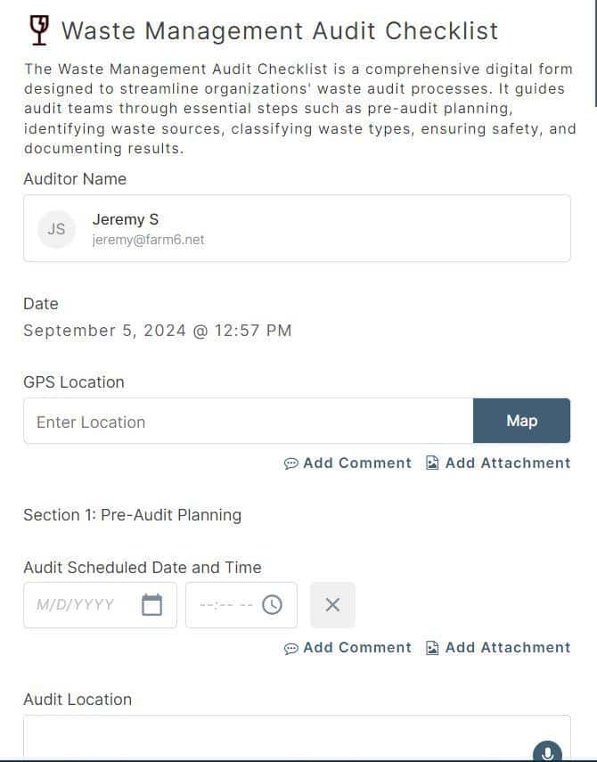 A preview screenshot of the Waste Management Audit Checklist in the 1st Reporting app.